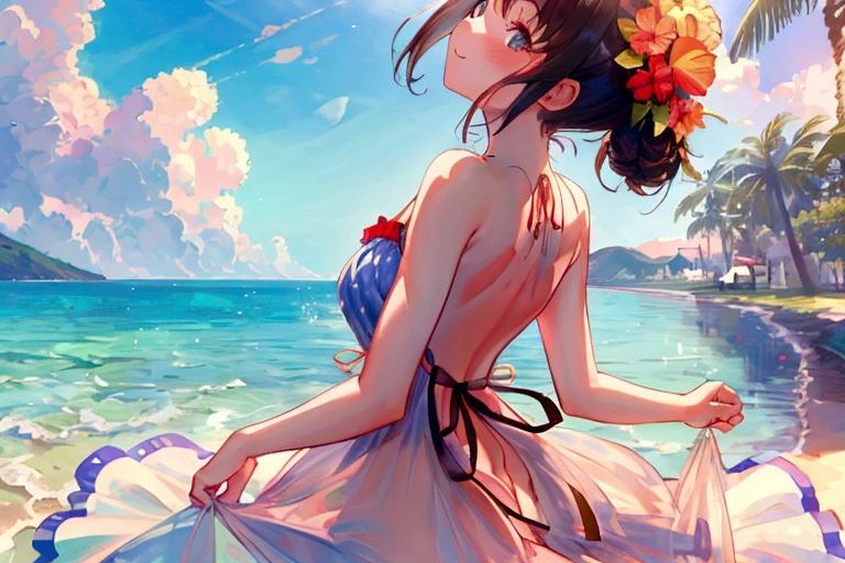 Absurd,(masterpiece、Highest quality、8K ),Intricate details,Ultra-detailed、One Girl、Laughter、(Summer dress with open back :1.4),Recall、Seaside Road、Summer sky、Sunburn mark、Ultra-realistic,Perfect Anatomy, It's big though