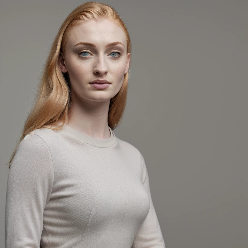 Sophie Turner in casual clothes, full upper body, high quality, photorealistic, hyperrealistic, 1 woman solo
