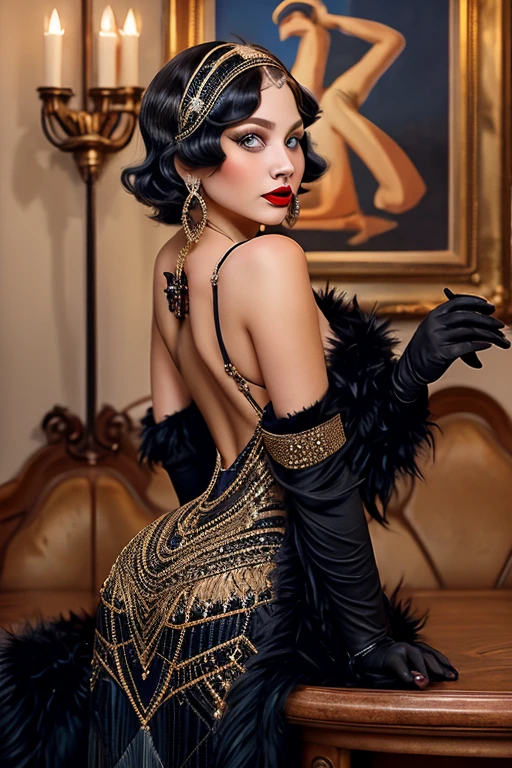 xcharleston style, 1 girl age 23, Alone, Blue eyes, black fur, gloves, dress, huge breasts,  jewelry, earrings, looking back, bracelet, lips, make up, lipstick