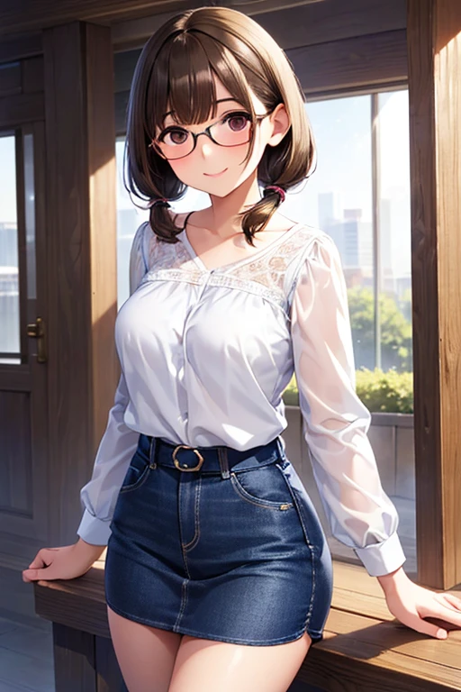 (high quality, High resolution, Fine details), 

anegasaki nene、Shiny brown hair, short hair, Beautiful brown eyes、smile、Sparkling eyes, (Fine grain)、Ultra-detailed eyes、Highly detailed face, Highly detailed eyes,


最high quality,One Girl,White blouse、Denim mini skirt、Low twin tails, Glasses