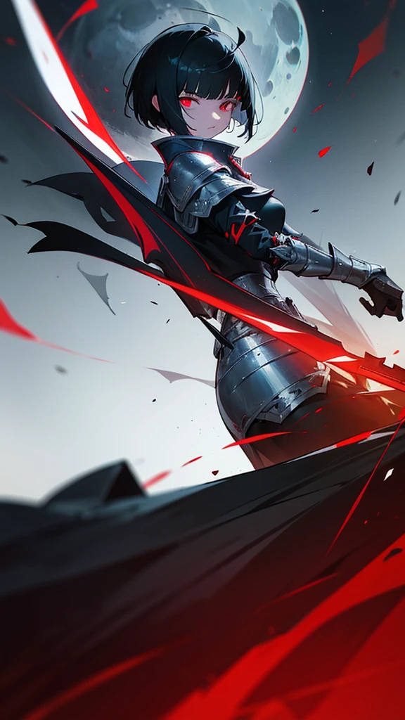 (short hair) (black hair) (silver armor) (crimson moon) (dead empire area) (dark blue eye) (broadblade)