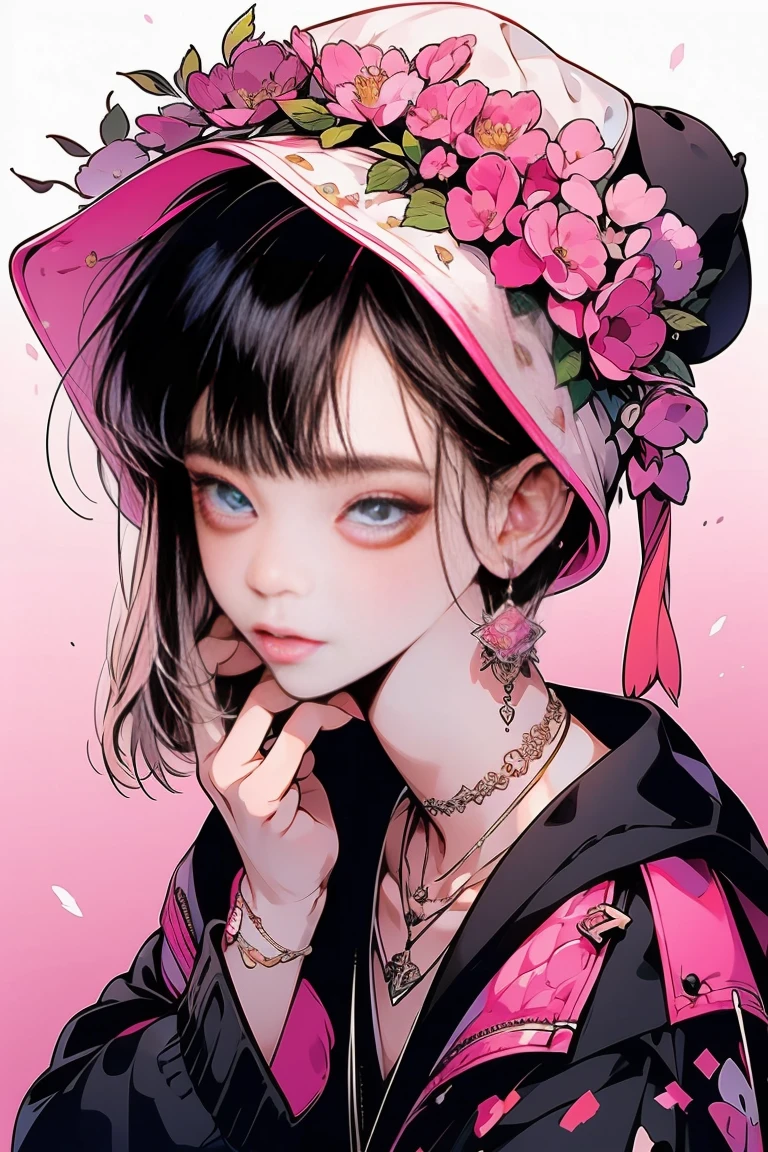 (Highest quality:0.8), (Highest quality:0.8), Perfect illustration,Beautiful woman portrait、One girl, bangs, Black nails, Blonde, Mouth closed, clavicle, ear Earrings, Earrings, Fashion G, hair ornaments, Food, Foodie, Jacket, jewelry, looking at iniewer, Medium Hair, Manicure, necklace, Earrings, short hair, Peony stalk, sleeines past wrists, 一人in, Both sides up, Upper Body, in, Pop Background、Droopy eyes、Celebrity Hat、ぱっつんbangs、summer、Pink gradient background、Hydrangea pattern、紫陽花Earrings、