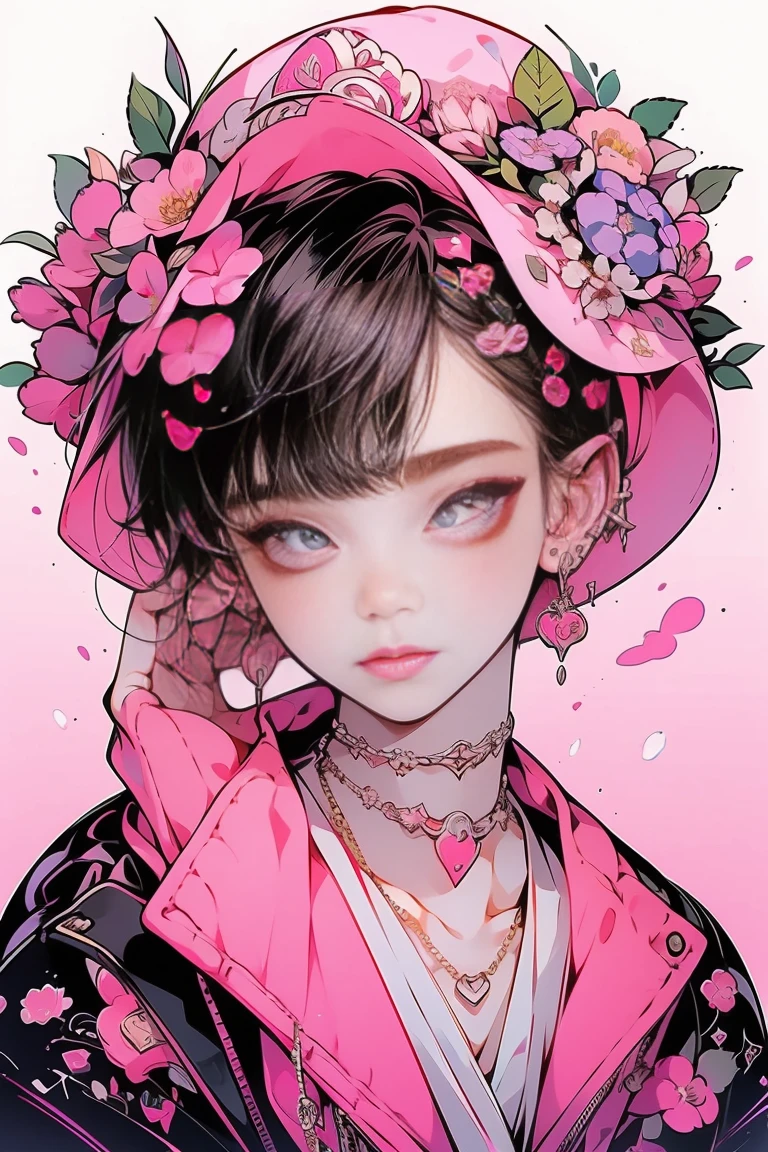 (Highest quality:0.8), (Highest quality:0.8), Perfect illustration,Beautiful woman portrait、One girl, bangs, Black nails, Blonde, Mouth closed, clavicle, ear Earrings, Earrings, Fashion G, hair ornaments, Food, Foodie, Jacket, jewelry, looking at iniewer, Medium Hair, Manicure, necklace, Earrings, short hair, Peony stalk, sleeines past wrists, 一人in, Both sides up, Upper Body, in, Pop Background、Droopy eyes、Celebrity Hat、ぱっつんbangs、summer、Pink gradient background、Hydrangea pattern、紫陽花Earrings、