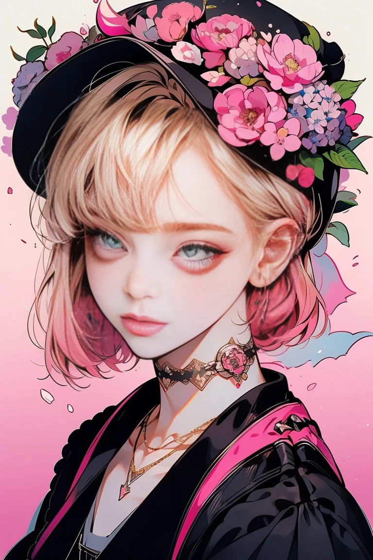 (Highest quality:0.8), (Highest quality:0.8), Perfect illustration,Beautiful woman portrait、One girl, bangs, Black nails, Blonde, Mouth closed, clavicle, ear Earrings, Earrings, Fashion G, hair ornaments, Food, Foodie, Jacket, jewelry, looking at iniewer, Medium Hair, Manicure, necklace, Earrings, short hair, Peony stalk, sleeines past wrists, 一人in, Both sides up, Upper Body, in, Pop Background、Droopy eyes、Celebrity Hat、ぱっつんbangs、summer、Pink gradient background、Hydrangea pattern、紫陽花Earrings、