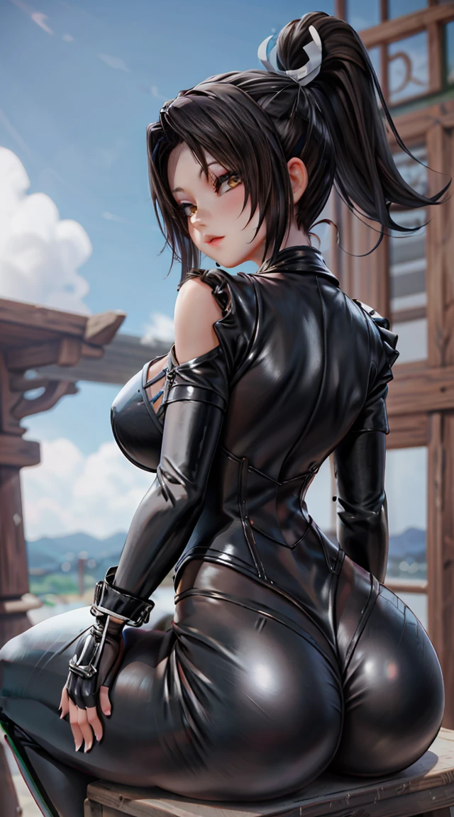 ,Sitting，Leather pants，Back view，Ass close up,black leather corset、Short black hair、Beautiful body