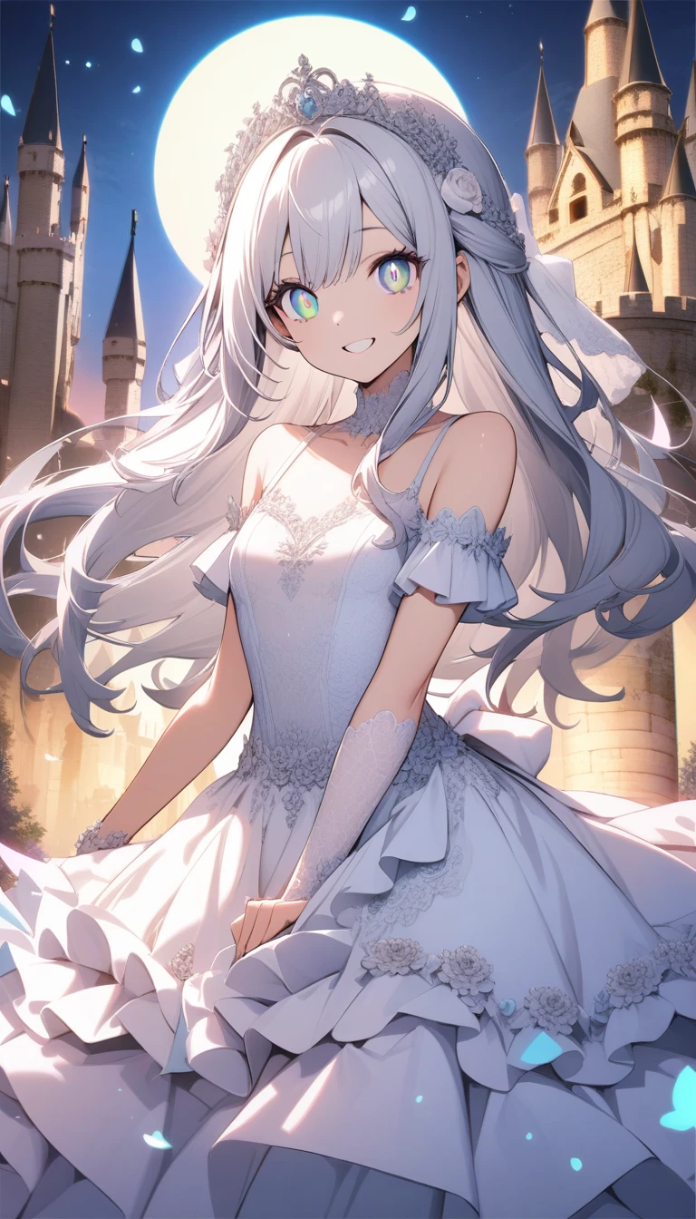 (((Unity 8k Wallpaper))), (((masutepiece))), (((Best Quality))), (((Ultra-detailed))), (((High resolution))), (((extremely delicate and beautiful))), ((((Beautiful detailed eyes)))), (((Cute Girl))), ((happy smail)), (((Wedding dresses with ruffles))), (((shiny silver hair))), (((Long hair))), (((front))), (((8 km Full Moon))), (((Castle background))), (((Smile))),