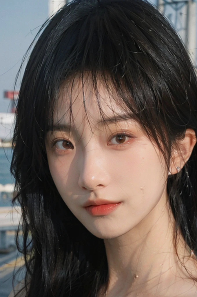 (Skin details:1.4), (Smooth skin texture:1.3), Direct vision, earrings, serene, calm, (Realistic and detailed eyes：1.2）, Natural skin texture, Realistic facial details, Soft dramatic lighting, Vivid details, 35 mm film, outdoor, (Photo actual:1.4), (hyper actual:1.4), (actual:1.3), (Smoother lighting:1.05), (Improve lighting quality:0.9), (Highest quality real skin textures:1.4), Exquisite eyes, Delicate face, (Close-up of face, (Enhance the beauty of skin texture:1.1), Hair details, Noble temperament, Normal body proportions, Seaside background, Portrait Photography, Depth of Field, Bokeh, Surrealism, Ray tracing, (Portrait Photography:1.1), Surrealism, high detail, chiaroscuro, ray tracing, reflection light, UHD, UHD, masterpiece, textured skin, super detail, high details, high quality, best quality