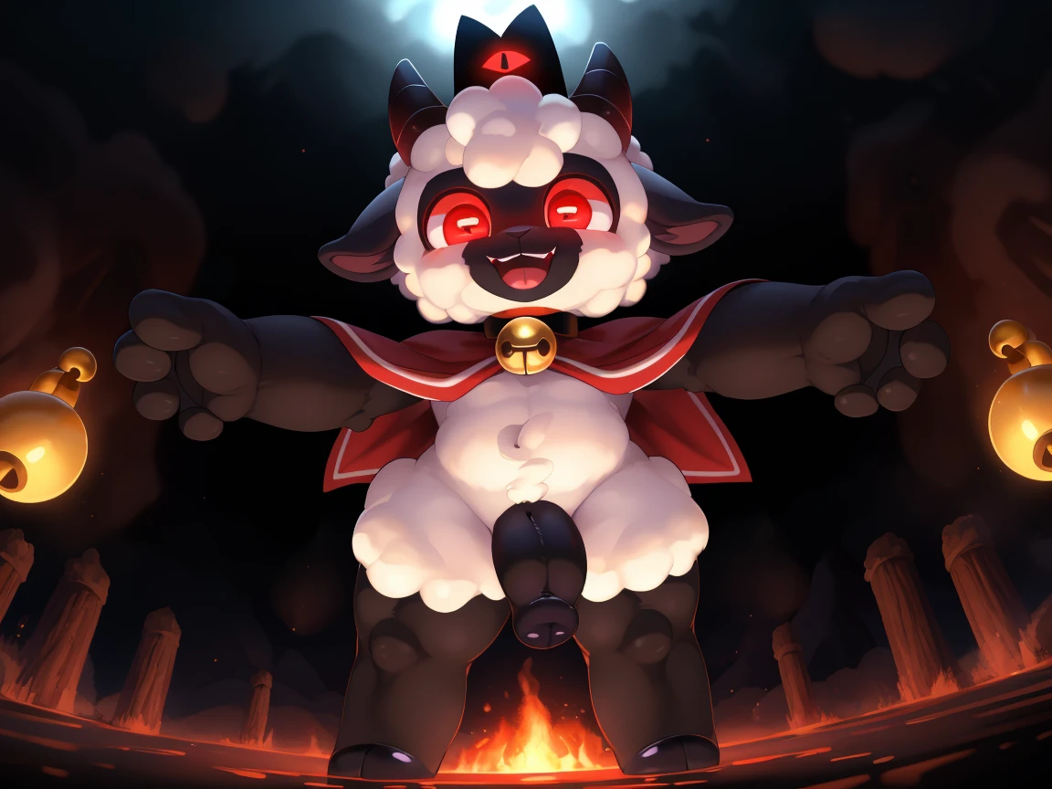 male anthro sheep, cub, (chibi), cute-fine-face, ultra cute face, cute, glossy black skin, shiny white wool, glossy black fur, ((floating)), in the air, triumphant pose, ((reflective eyes)), expressive eyes, detailed big hands, red crown, golden bell collar, detailed red cape, (horizontal pupils), red eyes, glossy black horns, glossy wool, body wool, leg wool, arm wool, evil laugh, ((black flaccid penis)), black balls, Very good figure, best quality, highres, 16k, Natural soft light, Tyndall effect, Advanced film lighting, Unreal Engine5, Extremely realistic, A high resolution, perfect masterpiece, high quality, high resolution