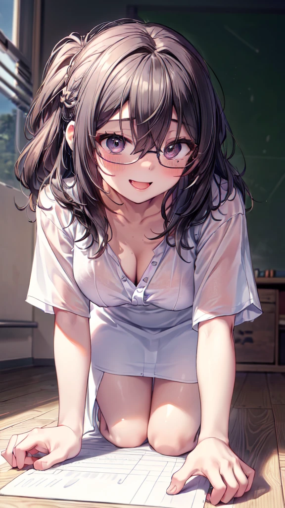 (Ultra-high resolution of the highest quality, masutepiece, Best Quality, 8K, Super Detail, Best Quality:1.3), (Anatomically correct:1.2), (1  female teacher:1.6), (large breasts:1.2), (drooping eyes:1.3), (blush cheek, blush body:1.3), (wavy hair, braid hair:1.2), (long hair:1.2), (black hair:1.2), (glasses:1.3), (white blouse, pencil skirt:1.7), (white lace bra:1.2), (class room:1.1), front view, Extremely cute, (extremely detailed beautiful face), Authentic skin texture, beautiful hair, beautiful face, beautiful eyes, beautiful body, beautiful hands, (clothed:1.6), (aroused, naughty face, seductive smile:1.8), (trance, happy:1.8), (steam:1.4), (hair over eyes:1.5), (looking down:1.3), (open mouth:1.4), (face focus:1.6), cleavage breasts focus, (from below:1.3), (all fours:1.6), (slouching forward:1.6), (leaning forward:1.6), (over size blouse:1.4)