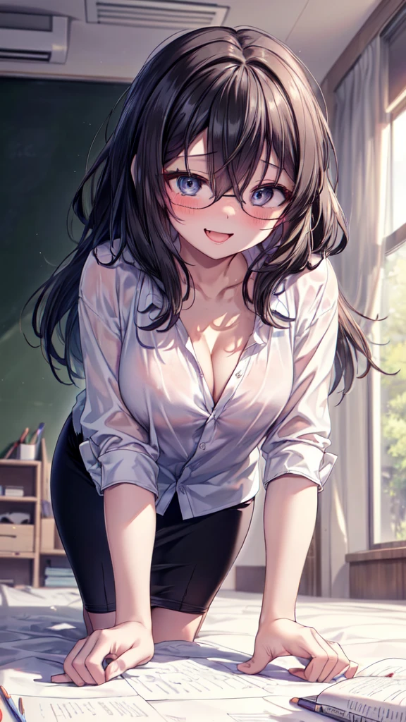 (Ultra-high resolution of the highest quality, masutepiece, Best Quality, 8K, Super Detail, Best Quality:1.3), (Anatomically correct:1.2), (1 elementary school female teacher:1.6), (large breasts:1.2), (drooping eyes:1.3), (blush cheek, blush body:1.3), (wavy hair, braid hair:1.2), (long hair:1.2), (black hair:1.2), (glasses:1.3), (white blouse, pencil skirt:1.7), (white lace bra:1.2), (class room:1.1), front view, Extremely cute, (extremely detailed beautiful face), Authentic skin texture, beautiful hair, beautiful face, beautiful eyes, beautiful body, beautiful hands, (clothed:1.6), (aroused, naughty face, seductive smile:1.8), (trance, happy:1.8), (steam:1.4), (hair over eyes:1.5), (looking down:1.3), (open mouth:1.4), (face focus:1.6), cleavage breasts focus, (from below:1.3), (all fours:1.6), (slouching forward:1.6), (leaning forward:1.6), (over size blouse:1.4)