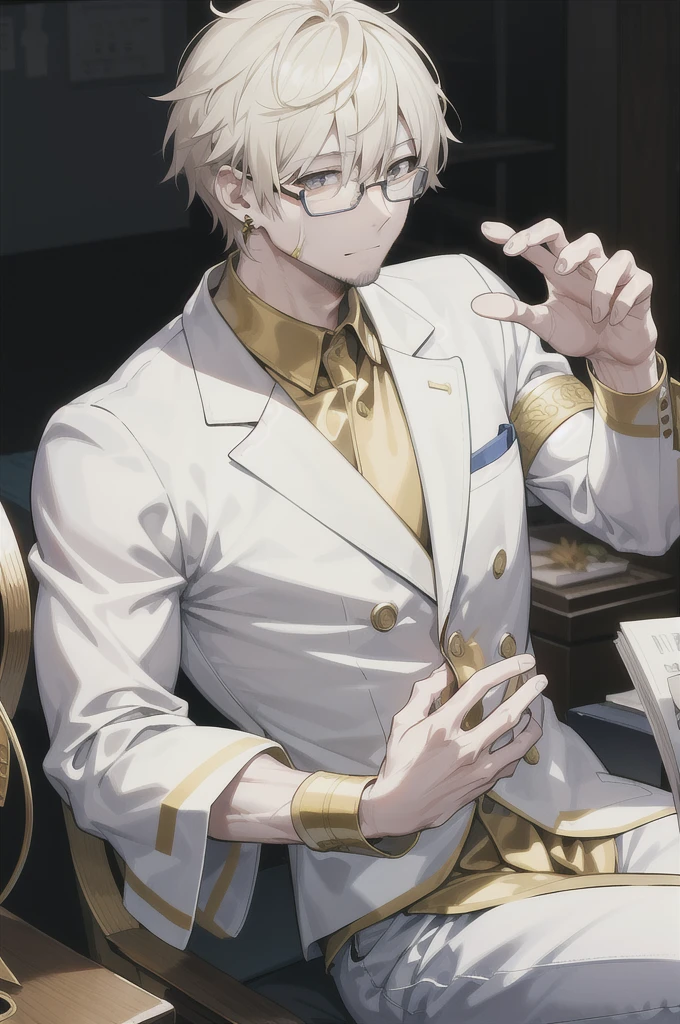 Uncle、30 years old、Muscle Man、Small amount of stubble、Delicate pupils、Raised veins on the hands、Lots of scars、Conform to human body structure、Perfect work、earring、Wearing a single-rimmed glasses on the left eye、Golden eyes、Gold and white suit、金色小型十字架earring、There is a light golden mark on the chest、strong、Gentle expression
