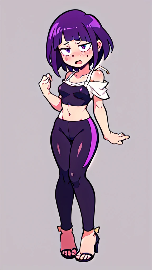 kyoka jiro, 1girl, solo, breasts, blush, short hair, bangs, simple forest background, small croptop, black spandex, open-toe high heels, open mouth, purple eyes, collarbone, full body, purple hair, short sleeves, blunt bangs, looking away, long earlobes, tiny waist