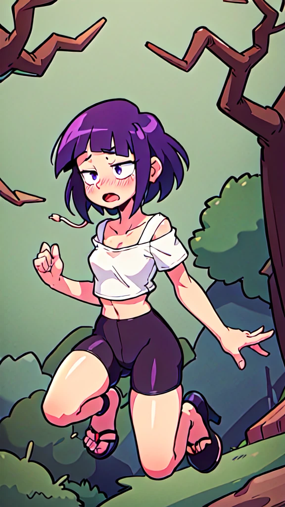 kyoka jiro, 1girl, solo, breasts, blush, short hair, bangs, simple forest background, small croptop, black spandex, open-toe high heels, open mouth, purple eyes, collarbone, full body, purple hair, short sleeves, blunt bangs, looking away, long earlobes, tiny waist