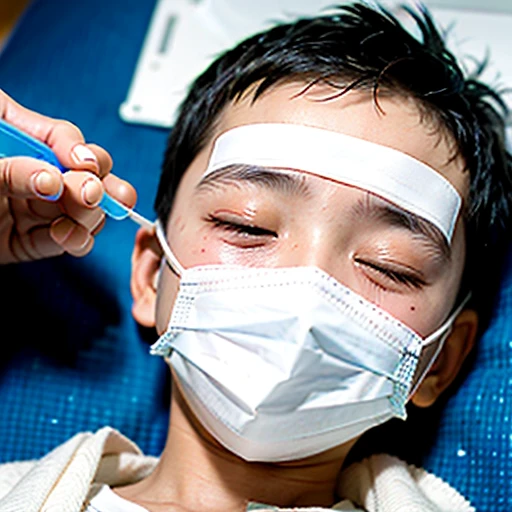 Handsome kindergarten boy with infectious disease、Appearance of suffering. He is wearing a white mask. He has a high fever. he is sleeping. He has a cough. He is exhausted. He is taking his temperature with a thermometer. He is dying. He is cooling his forehead with a cooling gel sheet..Are crying
