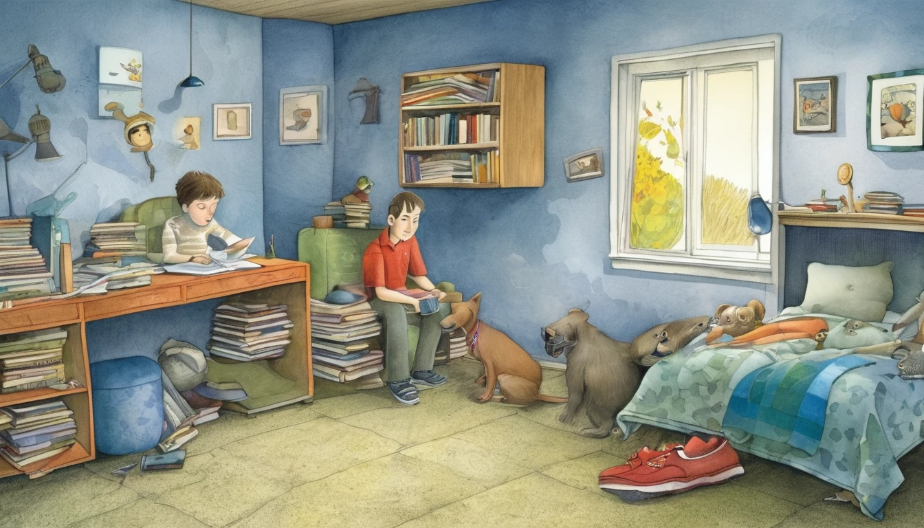 Create an illustration in the style of David Wiesner, the American illustrator, depicting a story about an autistic ager who uses his specialized knowledge to help improve the mental health of several left-behind children. The illustration should convey the theme of the power of knowledge.