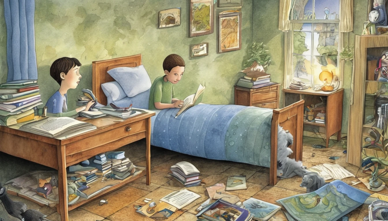 Create an illustration in the style of David Wiesner, the American illustrator, depicting a story about an autistic teenager who uses his specialized knowledge to help improve the mental health of several left-behind children. The illustration should convey the theme of the power of knowledge.