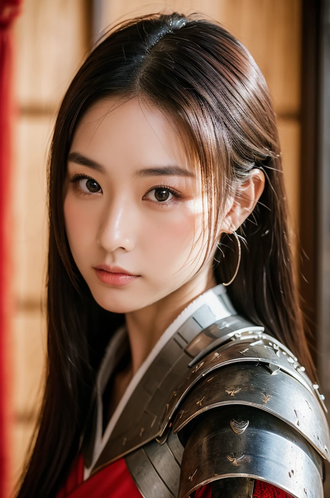 Medieval Japan, (8K, Raw-Foto, best quality, masterpiece:1.2),(realisti, foto realisti:1.4),(Hochdetailliertes CG Unity 8K-Hintergrundbild),(round face: 1.5), (detailed student:1.3),beautiful woman ,(boy, but very beautiful 25-year-old Korean, whole upper body, medieval Japanese estate, dressed in samurai armor, Cool eyes, relaxed look, , Looking forward,looking at the camera,Unforgettable eyes,The eyes are so beautiful.) samurai armoury