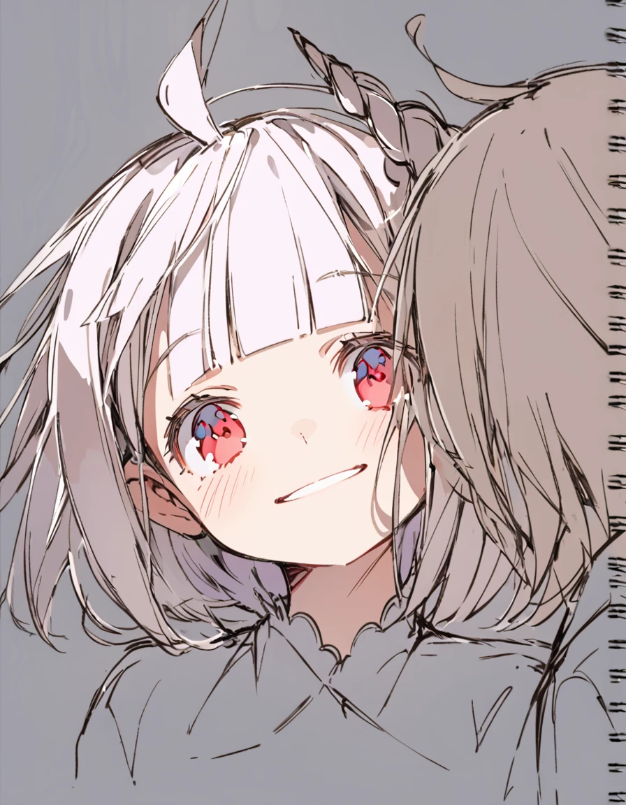 Unicorn girl(Sketches), (Open Close), (Small body), (White Hair:1.5) (Short Hair:1.4), (Red eyes)(Blunt bangs:1.3)(unicorn horn:1.6)Laugh innocently