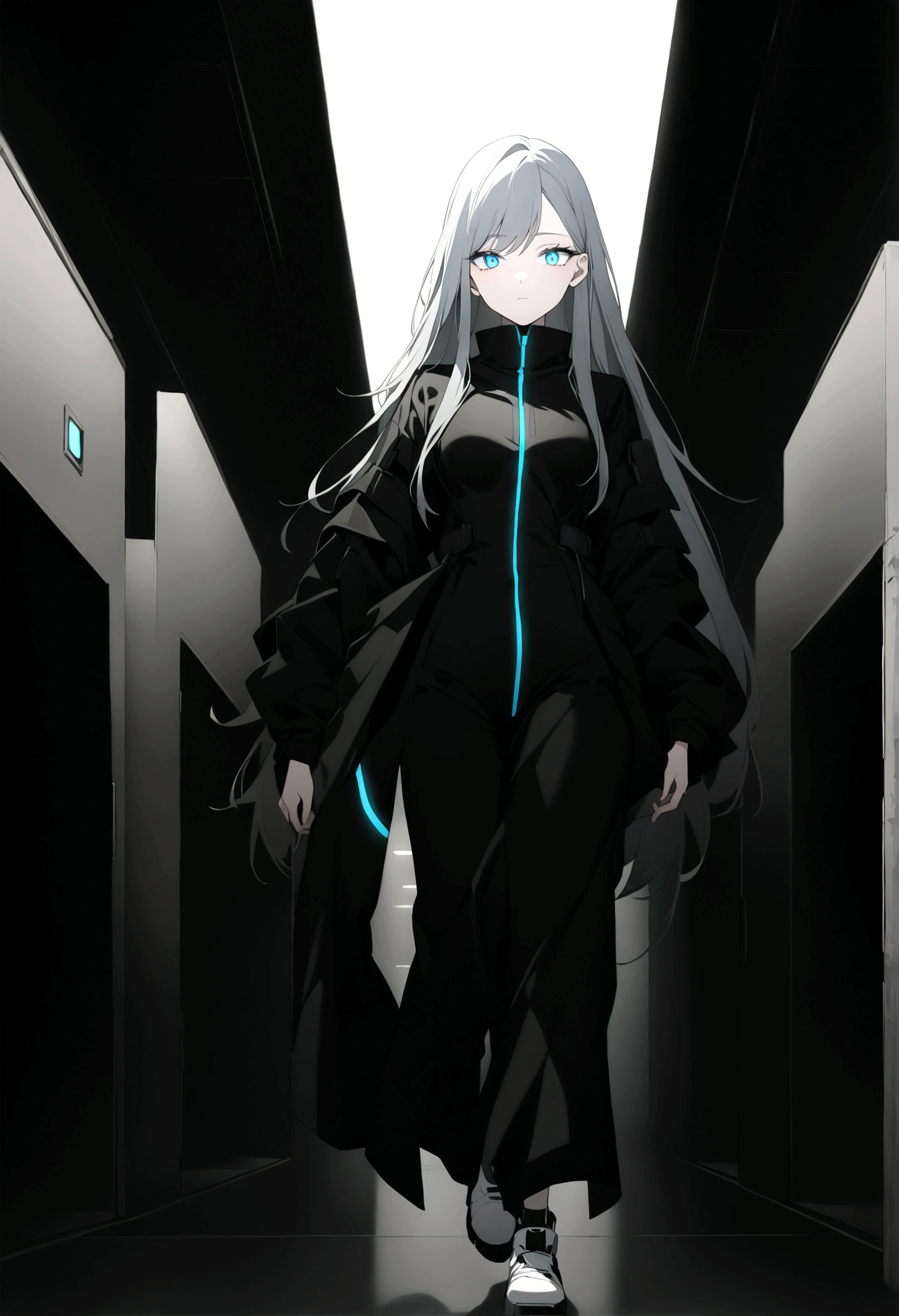 (masterpiece, 32k, 8k, white laboratory corridor setting, character walking towards the viewer) woman, 30s, naturally beautiful face, empty expression, long hair, cyberpunk style clothing, ((eyes of different colors, one blue eye and the other gray))