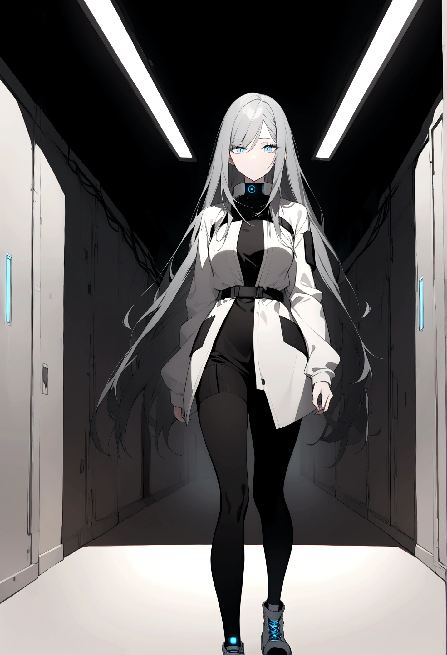 (masterpiece, 32k, 8k, white laboratory corridor setting, character walking towards the viewer) woman, 30s, naturally beautiful face, empty expression, long hair, cyberpunk style clothing, ((eyes of different colors, one blue eye and the other gray))