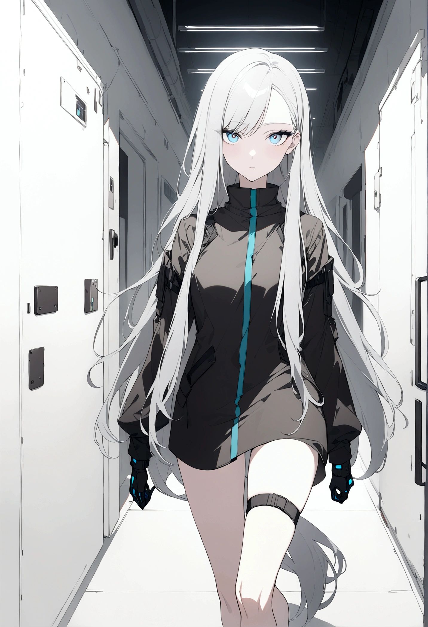 (masterpiece, 32k, 8k, white laboratory corridor setting, character walking towards the viewer) woman, 30s, naturally beautiful face, empty expression, long hair, cyberpunk style clothing, ((eyes of different colors, one blue eye and the other gray))