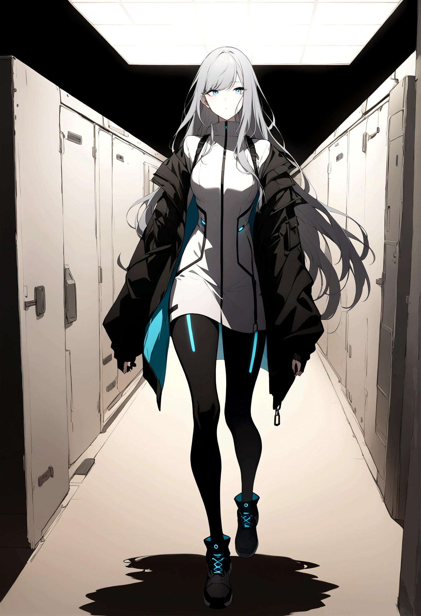 (masterpiece, 32k, 8k, white laboratory corridor setting, character walking towards the viewer) woman, 30s, naturally beautiful face, empty expression, long hair, cyberpunk style clothing, ((eyes of different colors, one blue eye and the other gray))