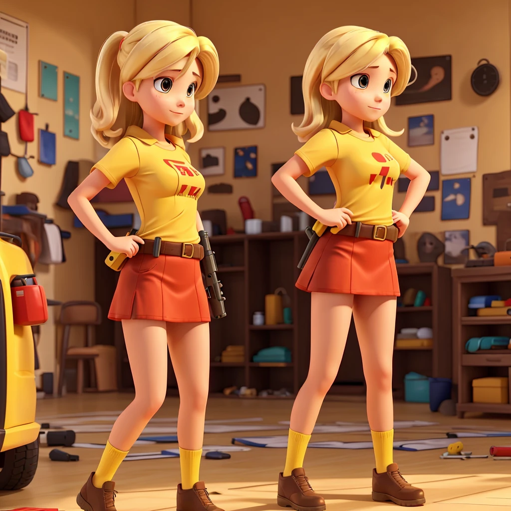 A woman wearing a red miniskirt and yellow T-shirt is holding a gun. her hair is blonde.