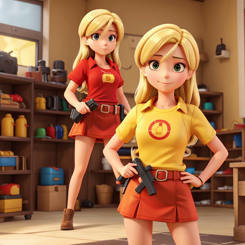 A woman wearing a red miniskirt and yellow T-shirt is holding a gun. her hair is blonde. 
