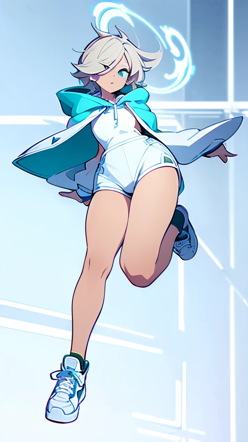 angel femboy with thick thighs, reference character design, sexy, dynamic pose, short blond hair, hood, tanned skin, white angel wings, white hoodie, high-thighs, shorts, cool sneakers, shy, white blue green black
