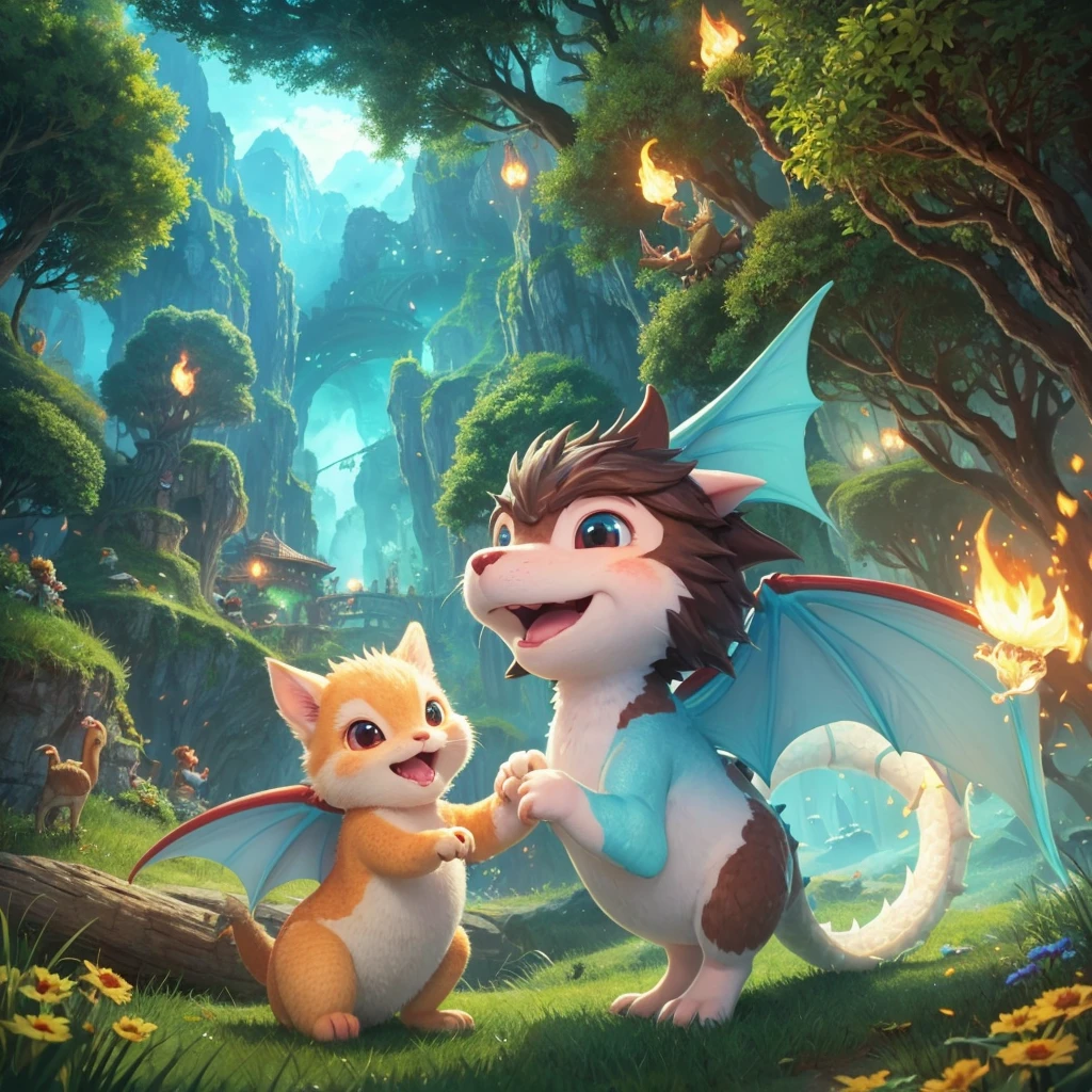 Create an original "yuru-chara" mascot character inspired by a baby dragon. The character should be a small, round dragon with soft, pastel-colored scales and tiny wings. It has big, curious eyes and a playful smile. The dragon is wearing a tiny, cute hat and has a little flame coming from its mouth. The character exudes a playful and adventurous personality, making it perfect for a fantasy-themed park or story. The background should be a simple magical cave or mountain setting.