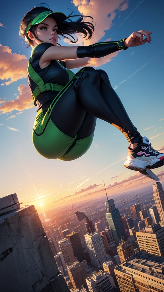 A City with a beautiful sunset with a Wonderful Beautiful Adult Woman with black hair and green eyes and wearing Sneakers, Aerodynamic Jumpsuit, Helmet with visor Gloves with protective pads, jewelry and elbow pads, Short Cover and Logo and Emblem with the Power to fly in just 75% levitating and smoking a cigarette and staring at the camera