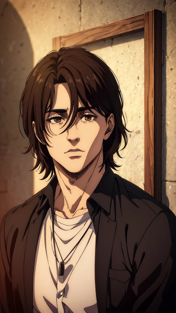 (best quality,4k,8k,highres,masterpiece:1.2),ultra-detailed,(realistic,photorealistic,photo-realistic:1.37), young man , mappa art style,  heart-shaped face, small  almond-shaped brown eyes with positive canthal tilt , dark brown hair , his hair is medium styled , he looks handsome, he is fair, he looks very young,  sharp jawline, he is wearing black shirt