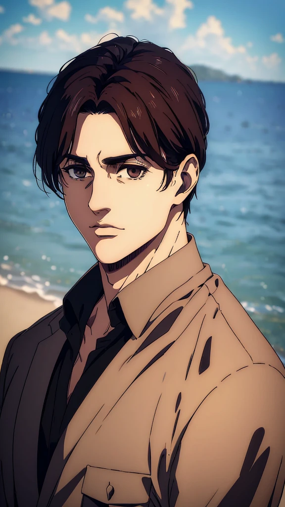 (best quality,4k,8k,highres,masterpiece:1.2),ultra-detailed,(realistic,photorealistic,photo-realistic:1.37), young man , mappa art style,  heart-shaped face, small  almond-shaped brown eyes with positive canthal tilt , dark brown hair , his hair is medium styled , he looks handsome, he is fair, he looks very young,  sharp jawline, he is wearing black shirt