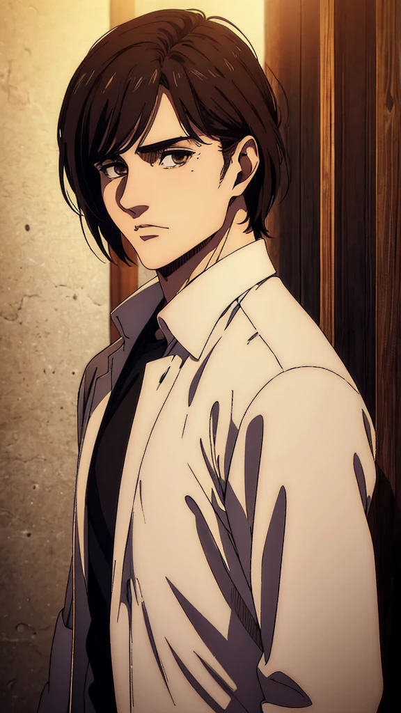 (best quality,4k,8k,highres,masterpiece:1.2),ultra-detailed,(realistic,photorealistic,photo-realistic:1.37), young man , mappa art style,  heart-shaped face, small  almond-shaped brown eyes with positive canthal tilt , dark brown hair , his hair is medium styled , he looks handsome, he is fair, he looks very young,  sharp jawline, he is wearing black shirt