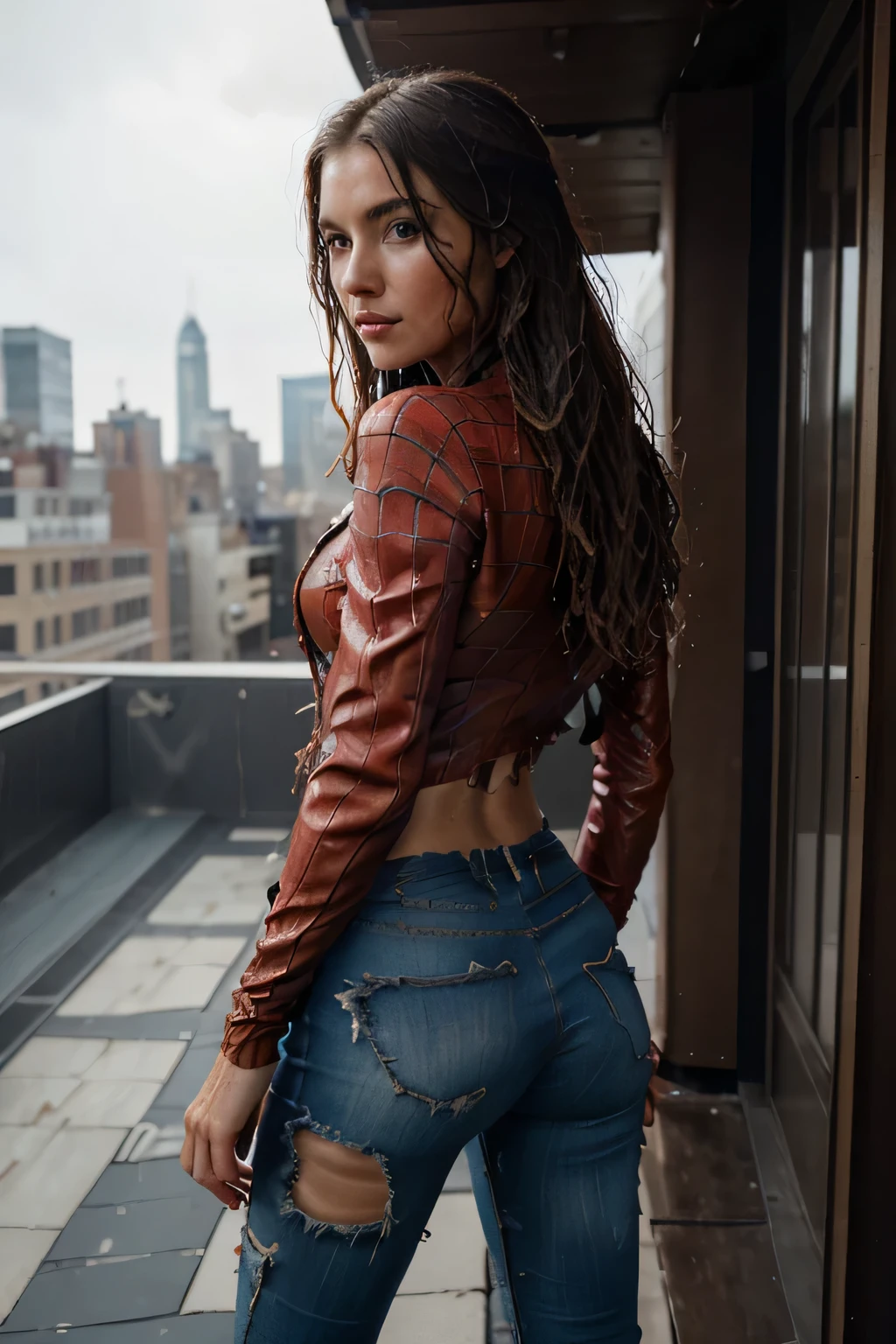 woman wearing a spider-man cosplay, view from back , roof top, top of a building, medium-high brest ,full body picture, photo de tout le coprs, haut déchire, bas déchiré, vêtement dégradé , vêtement déchiré, combinaison déchirée, jupe spiderman déchirée, skin texture, in a roof tot, new york, on a roof top ,a striking 22-year-old American model with light brown hair, skin texture mouth, skin texture lips , medium-high brest, wavy hair, 172 height, full body photo, mix face veronika bielik, danusia draghici does, cute faces, russian girlfriend, blonde and attractive features, attractive girl, looks into the camera, symmetrical eyes, symmetrical face, photorealistic, photography, path tracing, specular lighting, volumetric.. looks into the camera, symmetrical eyes, symmetrical face, photorealistic, photography, path tracing, specular lighting, volumetric , full body picture, full body shoot, perfect hands, position accroupie ,Crouch、Marvel Comics Movie Affiche, beautiful, films sur Spiderman, sexly, tout le corps, porte une jupe, jupe déchirée, premiere date, affiche, Belly Button, New York, she wears a torn Spiderman costume, the suit is torn, porter une jupe, red and black color scheme, vibrant, head of artwork、la plus haute qualité、super detailed、very detailed、Beautiful detailed shine、Une haute résolution、cinematic, tear, teardrop,(Torn clothes:1.5), (wet clothes:1.4), bare shoulders, real rain, wet hair, Belly Button, Exposer la peau, 