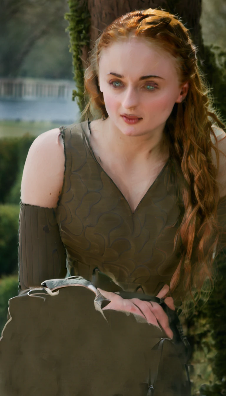 Sophie Turner in casual clothes, full upper body, high quality, photorealistic, hyperrealistic, 1 woman solo