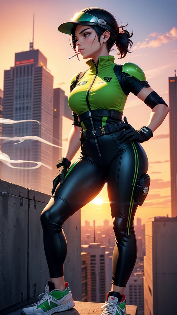 A City with a beautiful sunset with a Wonderful Beautiful Adult Woman with black hair and green eyes and wearing Sneakers, Aerodynamic Jumpsuit, Helmet with visor Gloves with protective pads, jewelry and elbow pads, Short Cover and Logo and Emblem with the Power to fly in just 75% levitating and smoking a cigarette and staring at the camera  