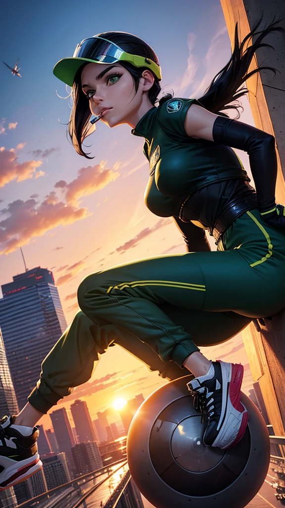 A City with a beautiful sunset with a Wonderful Beautiful Adult Woman with black hair and green eyes and wearing Sneakers, Aerodynamic Jumpsuit, Helmet with visor Gloves with protective pads, jewelry and elbow pads, Short Cover and Logo and Emblem with the Power to fly in just 75% levitating and smoking a cigarette and staring at the camera  