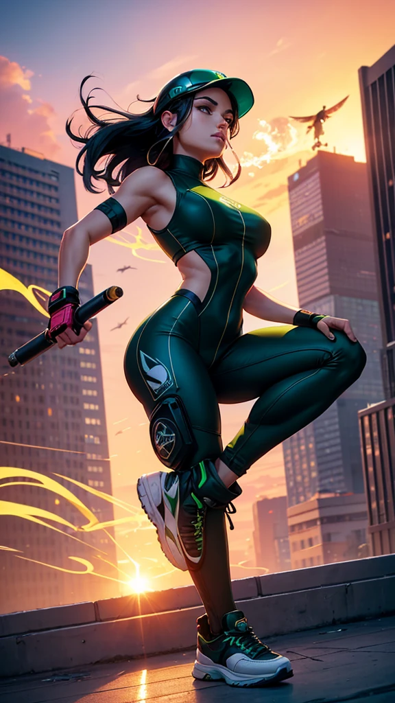 A City with a beautiful sunset with a Wonderful Beautiful Adult Woman with black hair and green eyes and wearing Sneakers, Aerodynamic Jumpsuit, Helmet with visor Gloves with protective pads, jewelry and elbow pads, Short Cover and Logo and Emblem with the Power to fly in just 75% levitating and smoking a cigarette and staring at the camera  