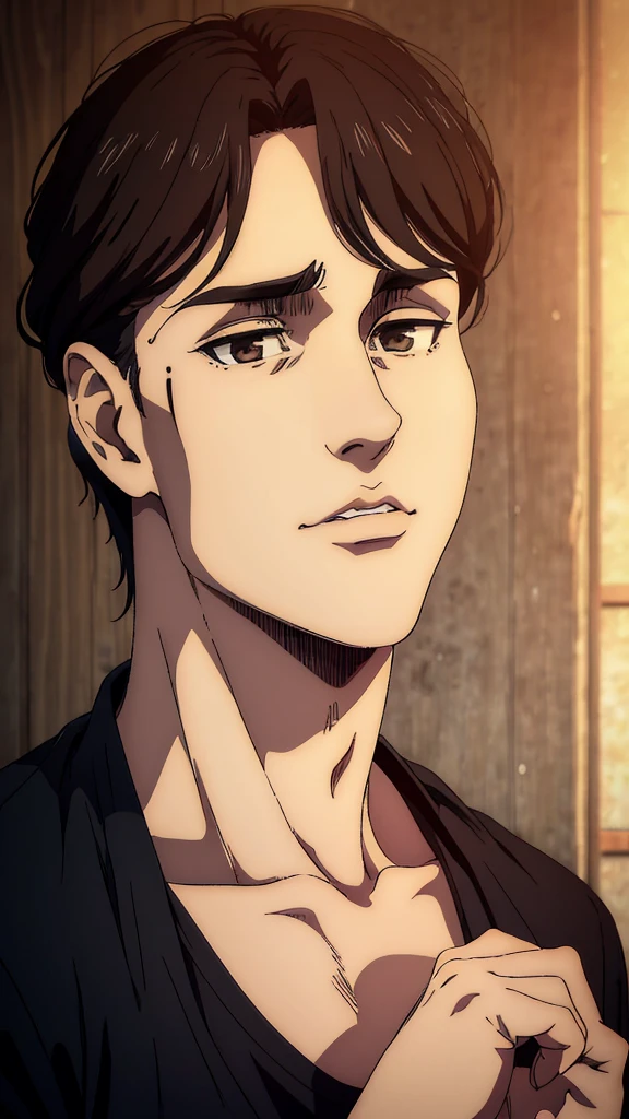 (best quality,4k,8k,highres,masterpiece:1.2),ultra-detailed,(realistic,photorealistic,photo-realistic:1.37), young man , mappa art style, heart-shaped face, small almond-shaped brown eyes with positive canthal tilt , dark brown hair , his hair is medium styled , he looks handsome, he is fair, he looks very young, sharp jawline, he is wearing black shirt