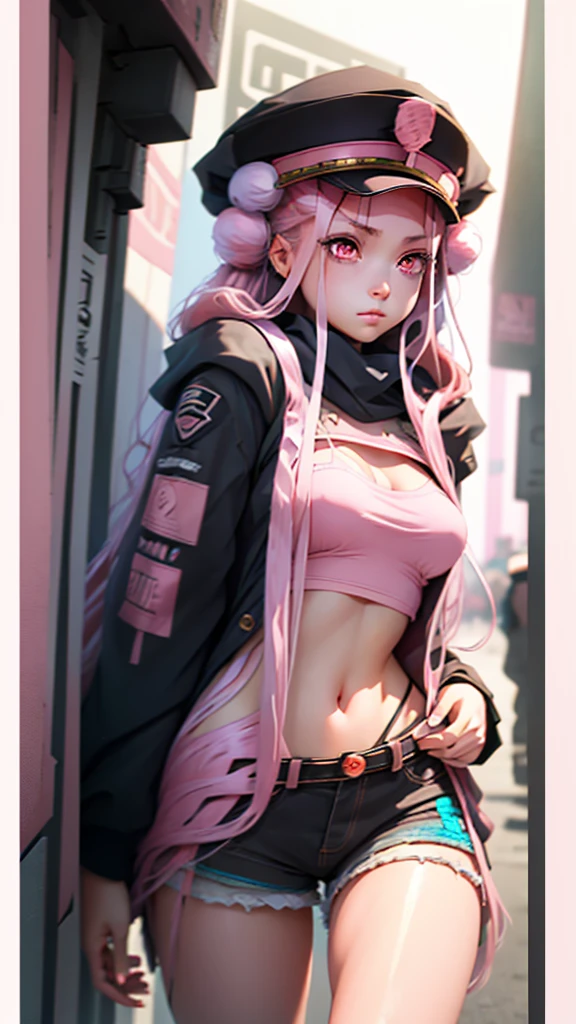 Beautiful woman medium hair, Wearing a hat, Cyberpunk Shorts,masterpiece, Highest quality, High resolution, (An illustration),{Detailed and beautiful eyes}, finely, Detailed and beautiful eyes,(((Pink Eyes))),(((Long pink hair))),(Small breasts),Kunimi Tama,