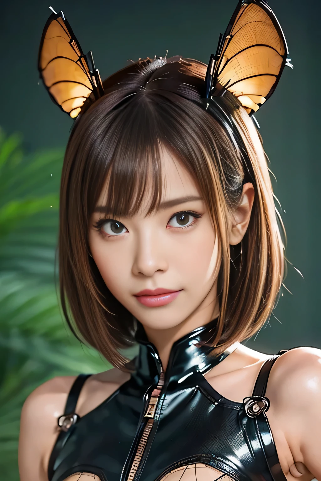 masterpiece、Highest quality、Highly detailed CG、Great details、High resolution、8K Wallpaper、All the intricacies、Super detailed、Super Shining、Oily luster、monster girl、Cockroach and woman fusion、Female cockroach forms、Cockroach woman、Fusion、Acting alone、gal、Perfect female ratio、Wicked Smile、cute、anime face、Antennae of cockroaches、特にOily luster、muscular、Cockroach and exoskeleton suit fusion、Mahogany colored dark skin、Short Hair、bionde、Purple streak hair、crustacean、arthropod、Enemy hideout style background、Background of the evil organization style