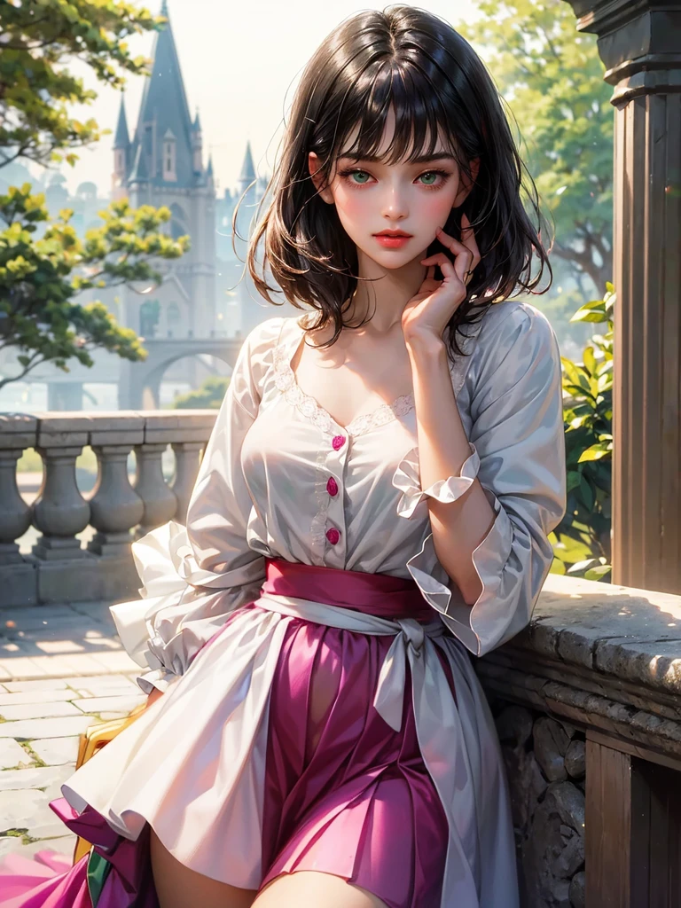She wears a fuchsia skirt.