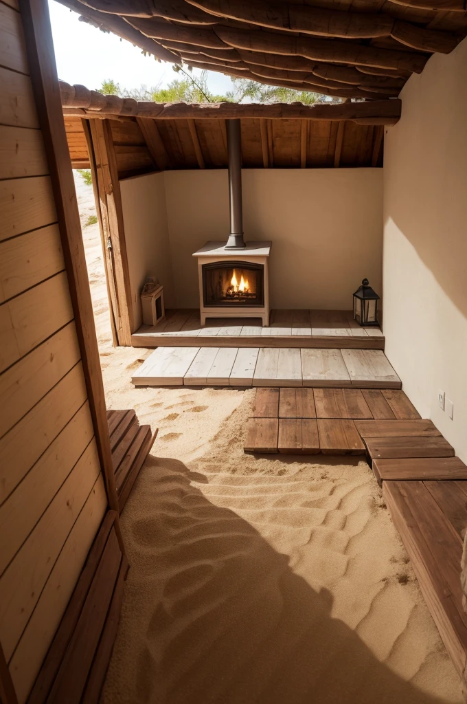 Little white mud house with sand on the floor and a wood-burning oven