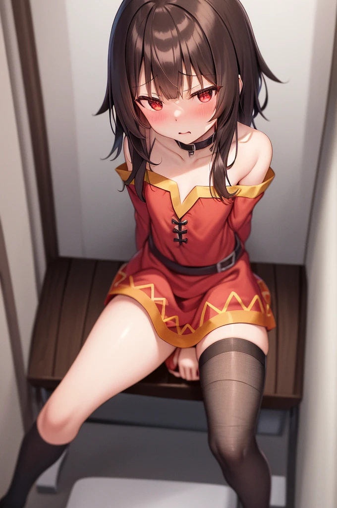 Megumin, One girl,alone,Short and long hair,Brown Hair,Red Eyes,Small breasts,clavicle,Red dress,Gold border,Black choker,Bandage on leg,Black panties,Sitting shyly,Hands behind back,Spread your legs,Western-style toilet,Toilet,Inside the private toilet,