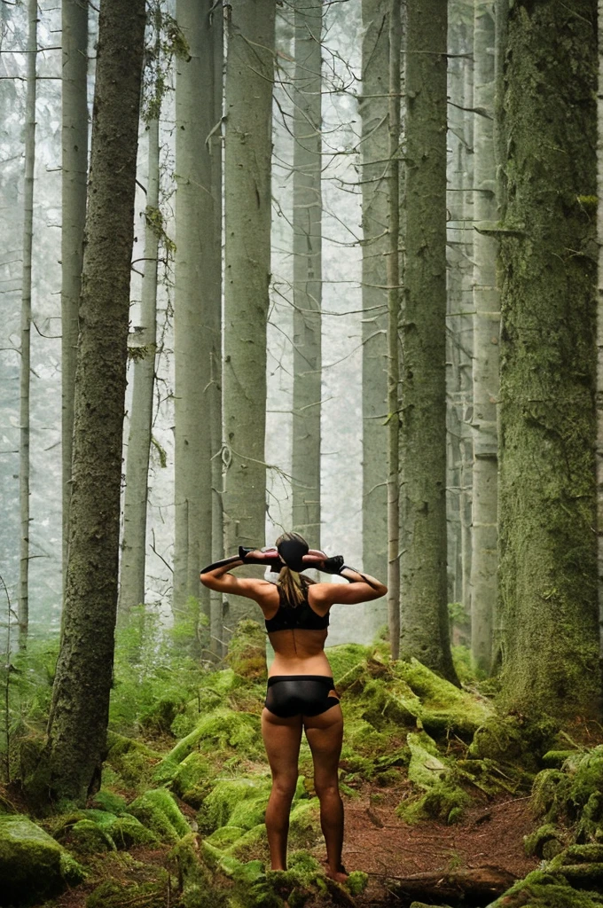 women photos Picture of the back of a woman, bra, black lace panties, black G-string, in a dense forest, tall trees. Mysterious, scary, faint mist