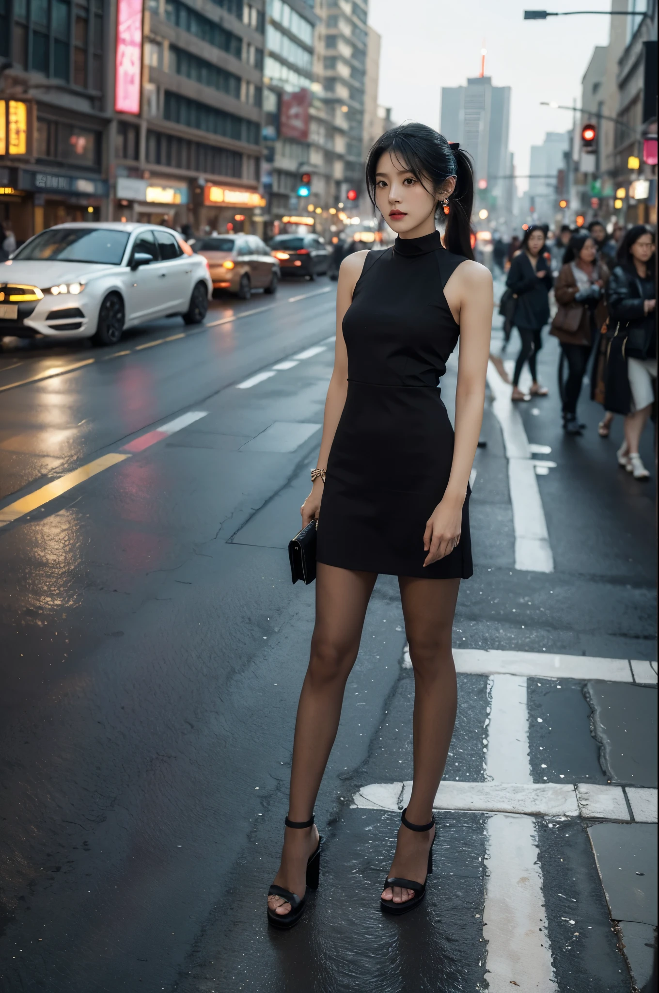 (((best quality))),(((ultra detailed))),(((masterpiece))),illustration,1girl,slim,vibrant cotton pink dress,short ponytail,flat chest,pantyhose,standing, bustling city streets, honking cars,surrounded by crowded crowds, colorful advertisements,enjoying sights and sounds,(dark black skin:1.5),(day scene:1.3),full body,arms behind back,sunshine,slender legs,sandals,sunshine