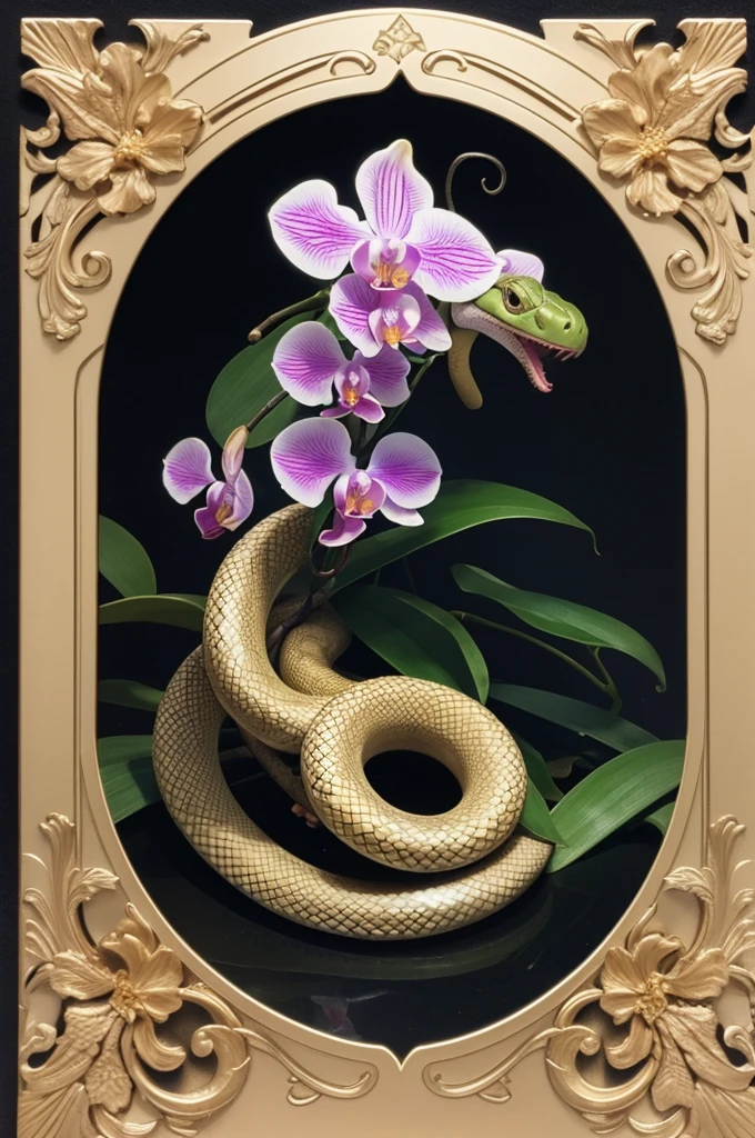A card with a snake coiling around an orchid