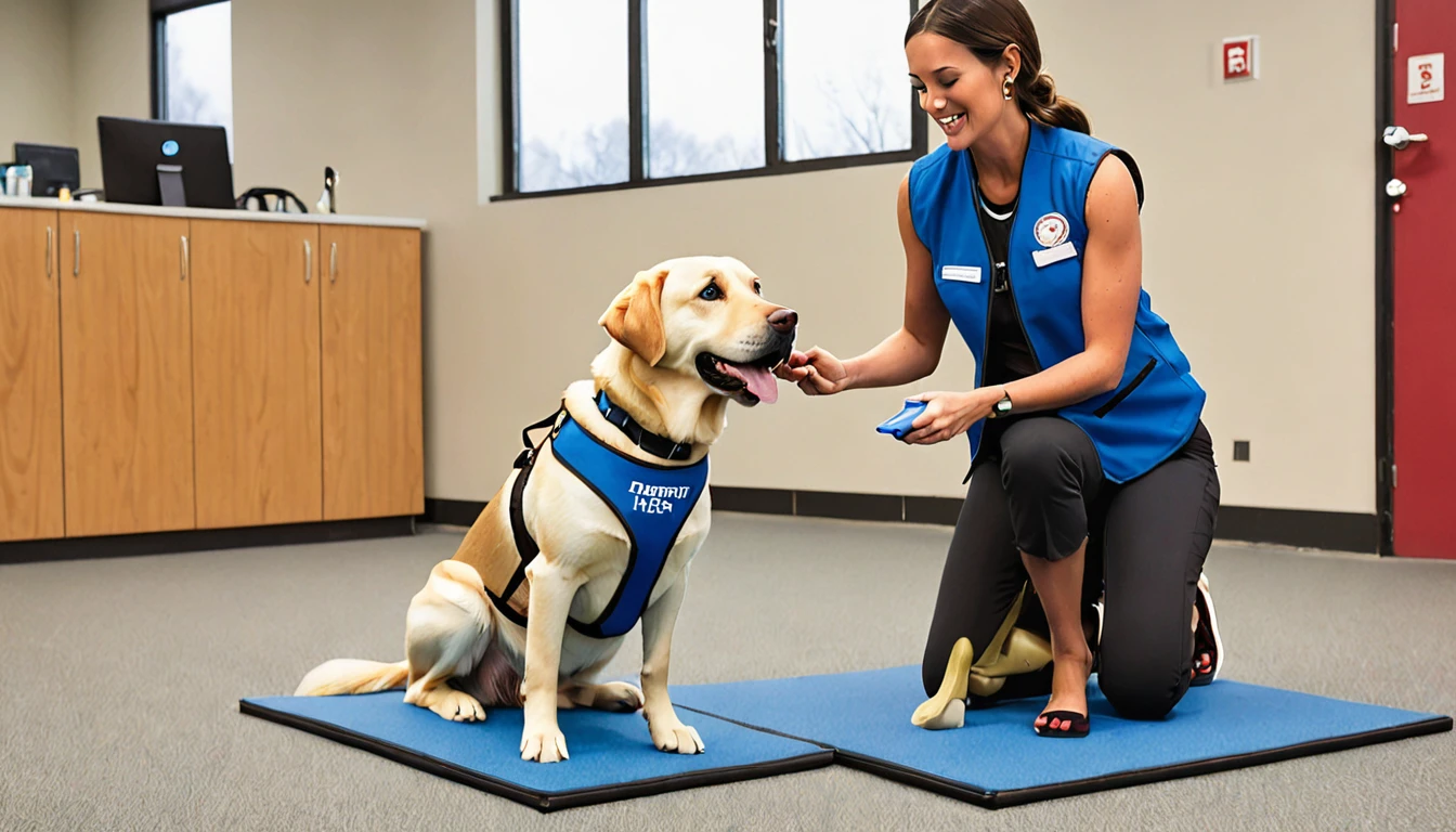 Please generate a scene depicting a trainer working with a therapy dog during a training session.

Trainer:
- A woman in her early 30s with a friendly and patient expression
- Wearing a professional trainer's uniform with a logo that reads "Therapy Dog Training"
- Kneeling on the ground, facing the therapy dog
- Holding a treat in one hand and using the other hand to give a gentle hand signal to the dog

Therapy dog:
- A Labrador Retriever with a focused and attentive expression
- Sitting in front of the trainer, maintaining eye contact
- Wearing a blue therapy dog vest with a "Therapy Dog in Training" patch
- Ears perked up and tail slightly wagging, indicating engagement and eagerness to learn

Training environment:
- An indoor training facility with a spacious, open area
- Soft rubber flooring to provide a comfortable and safe surface for the dog
- Training equipment such as cones, agility obstacles, and a variety of toys scattered around the area
- Bright, natural lighting coming from large windows along one wall

Overall atmosphere:
- Convey a sense of patience, trust, and positive reinforcement between the trainer and the therapy dog
- Highlight the dog's focus and dedication to learning its role as a therapy dog
- Showcase a calm and controlled training environment that fosters growth and development
- Emphasize the strong bond and understanding between the trainer and the dog as they work together towards a common goal

By providing specific details about the trainer (appearance, attire, actions), the therapy dog (breed, expression, attire, body language), the training environment (location, flooring, equipment, lighting), and the overall atmosphere (patience, trust, focus, bond), this prompt enables the image generation AI to create a clear and comprehensive visual representation of the therapy dog