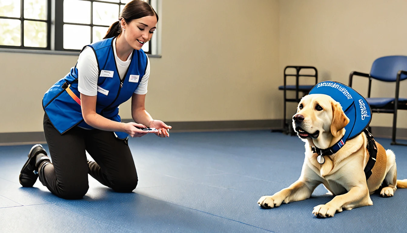 Please generate a scene depicting a trainer working with a therapy dog during a training session.

Trainer:
- A woman in her early 30s with a friendly and patient expression
- Wearing a professional trainer's uniform with a logo that reads "Therapy Dog Training"
- Kneeling on the ground, facing the therapy dog
- Holding a treat in one hand and using the other hand to give a gentle hand signal to the dog

Therapy dog:
- A Labrador Retriever with a focused and attentive expression
- Sitting in front of the trainer, maintaining eye contact
- Wearing a blue therapy dog vest with a "Therapy Dog in Training" patch
- Ears perked up and tail slightly wagging, indicating engagement and eagerness to learn

Training environment:
- An indoor training facility with a spacious, open area
- Soft rubber flooring to provide a comfortable and safe surface for the dog
- Training equipment such as cones, agility obstacles, and a variety of toys scattered around the area
- Bright, natural lighting coming from large windows along one wall

Overall atmosphere:
- Convey a sense of patience, trust, and positive reinforcement between the trainer and the therapy dog
- Highlight the dog's focus and dedication to learning its role as a therapy dog
- Showcase a calm and controlled training environment that fosters growth and development
- Emphasize the strong bond and understanding between the trainer and the dog as they work together towards a common goal

By providing specific details about the trainer (appearance, attire, actions), the therapy dog (breed, expression, attire, body language), the training environment (location, flooring, equipment, lighting), and the overall atmosphere (patience, trust, focus, bond), this prompt enables the image generation AI to create a clear and comprehensive visual representation of the therapy dog